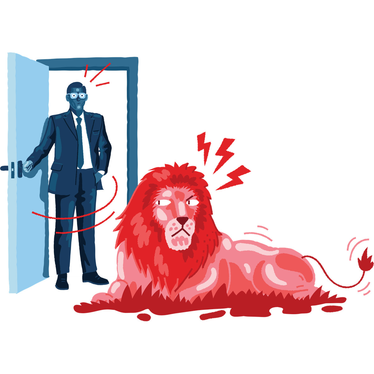 下载 Cherry 风格的 Surprised businessman encountering lion, Unexpected error or bad gateway concept 插画，支持 PNG、SVG 格式