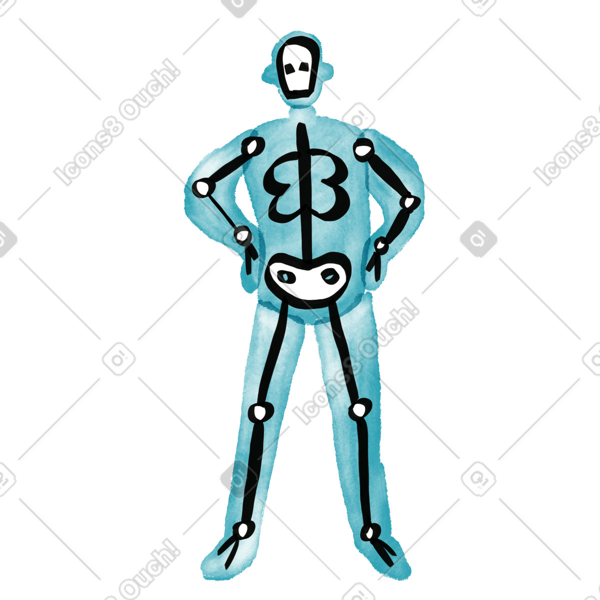 Skeleton human body diagram highlighting bones and major joint connections illustrazione in stile Watercolor sketch scarica in PNG, SVG