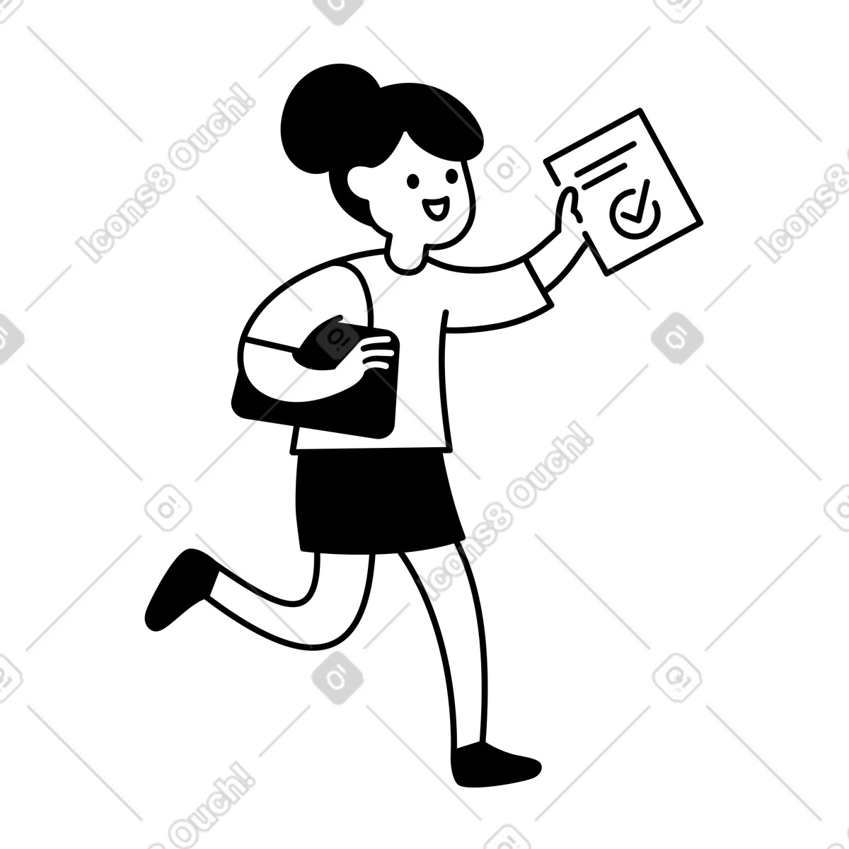 Ilustración Student running with checklist paper and shoulder bag after success en estilo Notion Line Art a descargar en PNG y SVG