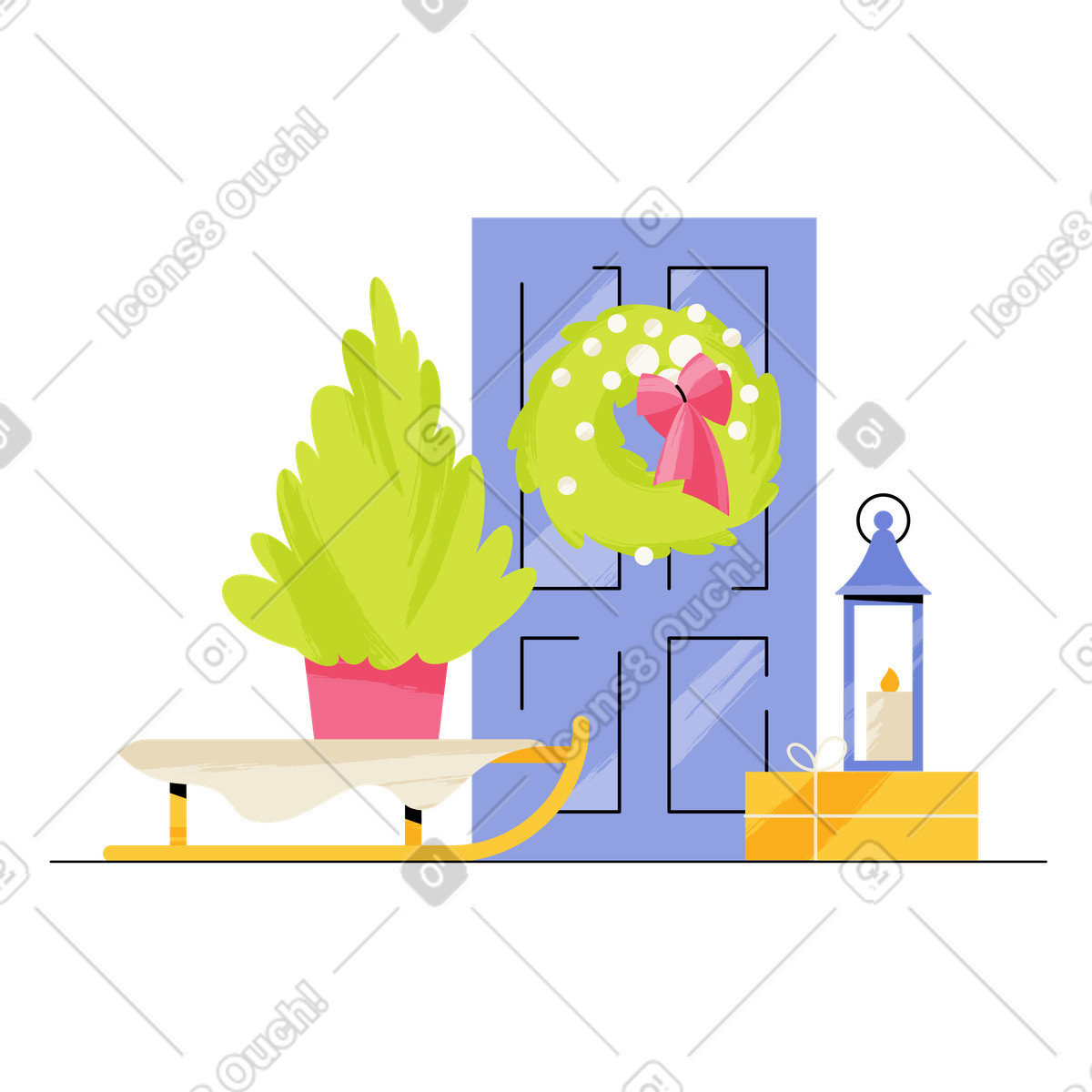 Front door with holiday wreath and sleigh, Christmas spirit for home exteriors-Illustration im Juicy-Stil als Download in PNG, SVG