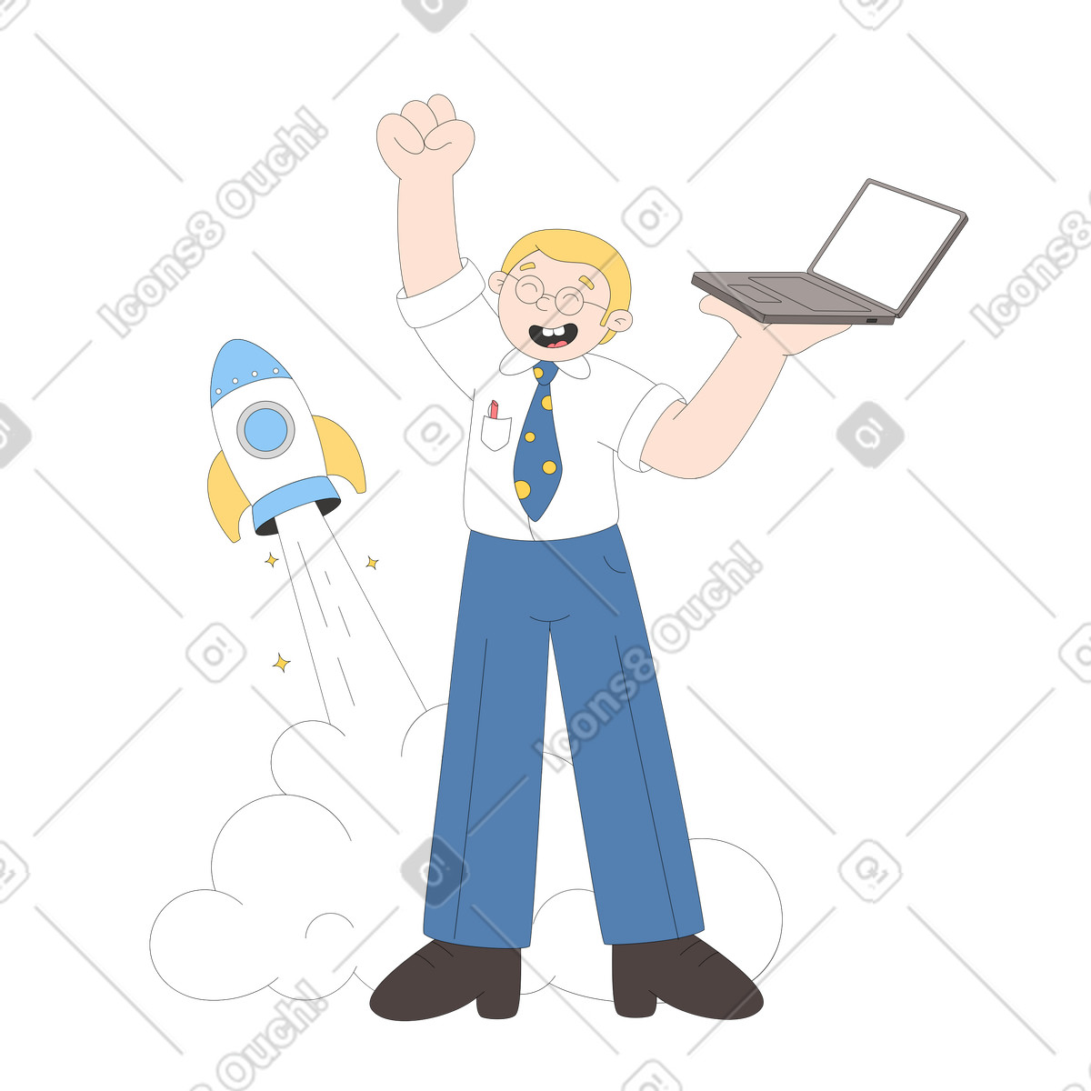 Ilustración Hombre celebrando una startup exitosa en estilo Sitcom a descargar en PNG y SVG
