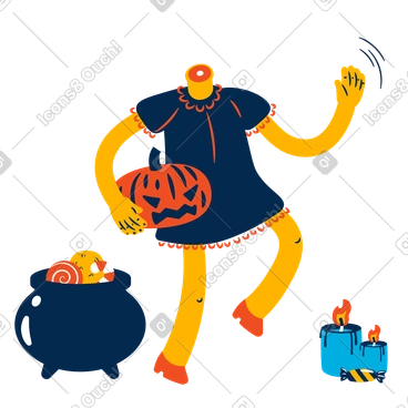 Headless girl holding halloween pumpkin and waving PNG, SVG