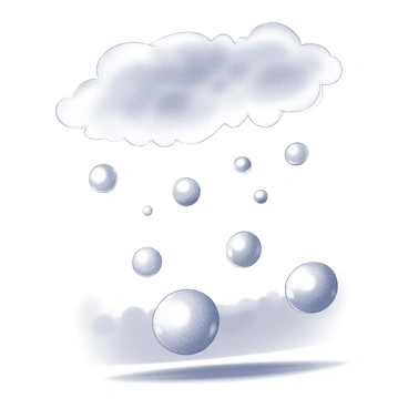 Raindrops descending from a cloudy sky. As they fall, each drop transforms into a soap bubble, glistening with reflections. The bubbles vary in size, some larger than others, and they float gracefully downward. They create a sense of movement as they drift and bounce off each other. The background features a soft, blurred landscape, enhancing the focus on the falling raindrops and soap bubbles.