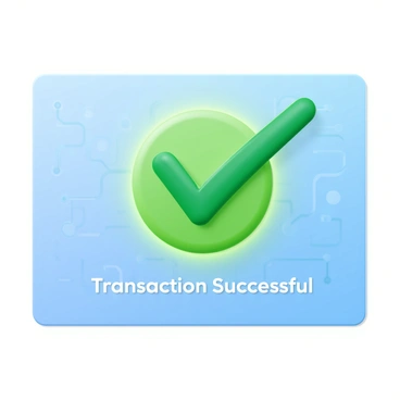 A large green checkmark with a glossy finish is prominently displayed on a digital transaction screen. The checkmark is centered on the screen, surrounded by a glowing outline that enhances its visibility. The background of the screen features soft blue tones with subtle circuit patterns, giving it a modern, tech-inspired look. The screen also includes a digital interface displaying transaction details, such as "Transaction Successful" in bold white text beneath the checkmark.