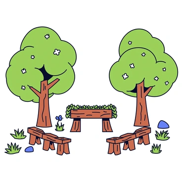 A wooden altar is set up in the center of a forest clearing. The altar is made of rough-hewn logs, adorned with green foliage and small white flowers. Surrounding the altar are tall trees with lush green leaves, casting dappled sunlight onto the ground. Natural elements like rocks and wildflowers are scattered throughout the space, enhancing the rustic charm. Chairs made of simple wood are arranged in rows facing the altar, inviting guests to witness the ceremony.
