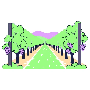 A vineyard with neatly arranged rows of grapevines extending into the distance. The grapevines have lush green leaves and clusters of ripe grapes hanging from them. In the foreground, there are a few wooden stakes supporting the vines. The ground is lined with dirt paths between the rows, creating a clear view down the rows of vines. In the background, gently rolling hills are visible, completing the landscape of the vineyard.