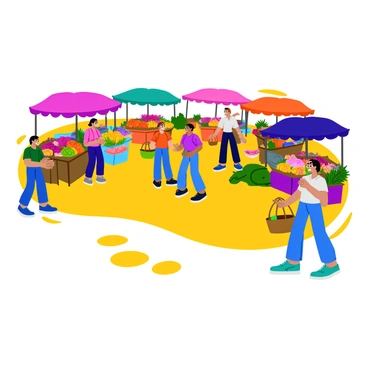 A series of footprints in the foreground, leading into a busy marketplace. The marketplace features colorful stalls with vibrant awnings displaying fresh produce, textiles, and handmade crafts. People of various ages and backgrounds are shopping, some interacting with vendors while others browse the items. Brightly colored fruits and vegetables are piled high, and there are baskets overflowing with goods. The atmosphere is lively with a sense of activity and community.