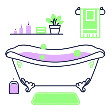 A luxurious bath is filled with still water, and several lemon slices are floating on the surface. The bathtub is made of white porcelain with elegant curves and features intricate green patterns along the edges. In the background, there are soft green towels neatly folded on a nearby shelf. A small potted plant with lush leaves sits on the edge of the bathtub. Subtle purple candles are arranged around the tub, casting a gentle glow. A soft green bath mat is placed on the floor beside the bath, enhancing the overall relaxing atmosphere.
