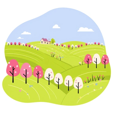 A picturesque landscape of a cherry farm with rolling green hills under a bright blue sky. The scene includes numerous rows of cherry trees adorned with pink and white blossoms, creating a vibrant and colorful display. A few fluffy white clouds drift in the sky, casting soft shadows on the ground. In the foreground, small patches of grass and wildflowers add detail to the landscape. Far in the distance, a quaint farmhouse can be seen nestled among the hills, completing the idyllic setting.