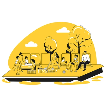 A family sitting together on a barge, enjoying a sunny day. The barge has deck chairs arranged neatly, with some chairs occupied by family members relaxing. There are picnic baskets placed on the deck, filled with food and drinks. The children are playing with a beach ball, while adults engage in conversation. The water surrounding the barge is calm, reflecting the clear sky. Some trees can be seen in the background, providing a sense of nature and relaxation.