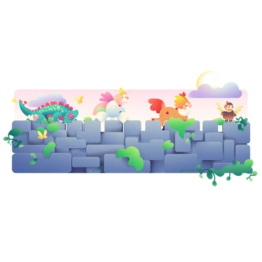 A whimsical fantasy fort wall is stretching across the image, built of large, uneven stones with vibrant moss growing in the crevices. On top of the wall, various magical creatures are perched, including a small dragon with shimmering emerald scales, a chubby unicorn with a pastel mane, and a curious griffin with golden feathers. The sky above is painted in soft shades of pink and purple, hinting at twilight. Vines with glowing flowers climb along the sides of the wall, and colorful butterflies flutter around, adding to the enchanting atmosphere.