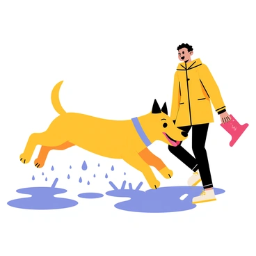 A joyful dog with a shiny golden coat is splashing through puddles, water droplets flying in every direction. The dog has its tongue out, showing excitement as it leaps into the air. In the background, an owner is laughing, wearing a bright yellow raincoat and holding a pair of red rubber boots. The scene captures the playful interaction between the dog and its owner, emphasizing the fun they are having together on a rainy day.