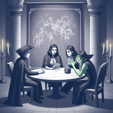 A dimly lit room within a dark castle features a round wooden table at the center. Seated around the table are several classic fairytale villains, each with distinct characteristics. On one side sits a tall figure wearing a dark cloak, with a wicked grin, holding a staff. Next to them, a woman with flowing black hair and a crown, dressed in an elegant gown, leans forward with an eager expression. Opposite them, a character with a green complexion and dressed in rags, clutches a small cauldron, deep in thought. The atmosphere is tense as they share looks of scheming intent, with flickering candles casting shadows on the stone walls. A large, ornate tapestry depicting scenes of their past deeds hangs behind them, emphasizing the gravity of their gathering.