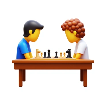 Two chess players sitting at a wooden chess table, both intensely focused on a chessboard in front of them. One player has short black hair and is wearing a blue shirt, while the other player has curly brown hair and is wearing a white shirt. The chess pieces on the board are intricately designed, with some pieces positioned in a tense setup. The ambience suggests concentration, with both players leaning slightly forward, their expressions serious as they contemplate their next moves.