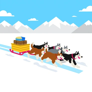 A team of six huskies with thick fur in shades of black and white, brown and white, and gray and white are energetically pulling a wooden sled. The huskies are harnessed together, their tails wagging and tongues out as they sprint across a vast, snowy Arctic landscape. The ground is covered in a thick layer of pristine white snow that glistens in the sunlight. In the background, snow-covered mountains rise majestically under a bright blue sky dotted with fluffy white clouds. A gentle breeze stirs the snow, creating small flurries around the sled. The sled itself is wooden with bright red runners and supplies stacked securely on it.