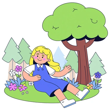 A young girl with long golden hair, wearing a blue dress, is sitting under a large green tree. She has a cheerful smile on her face as she gazes at the vibrant forest scenery around her. Soft sunlight filters through the leaves, casting dappled shadows on the ground. Various colorful flowers bloom nearby, adding to the natural beauty of the scene. In the background, there are tall trees with thick trunks and green foliage, creating a sense of depth in the forest.
