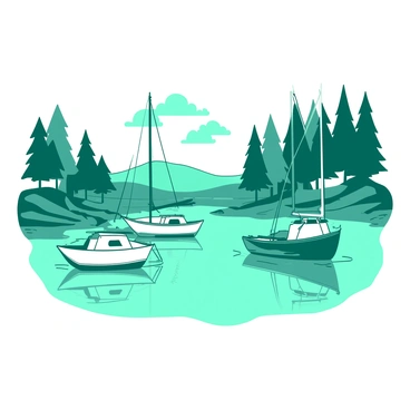 A teal safe harbor is surrounded by a gentle shoreline. Several boats are anchored peacefully within the harbor, their reflections visible on the water's surface. The boats vary in size and design, with some being small fishing skiffs and others larger sailboats, all gently swaying with the water's movement. In the background, there are stands of green trees framing the harbor, adding a natural sense of tranquility to the scene. The atmosphere conveys a feeling of security and calm.