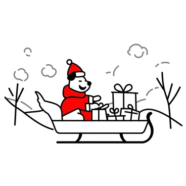 A dog wearing a Santa hat and a red coat is joyfully riding in a sleigh. The sleigh is filled with various wrapped presents, some with bows on top. The snowy landscape features gently rolling hills covered in snow and bare trees with branches dusted in white. Puffs of snowflakes are falling from the sky, adding to the festive atmosphere. The dog's tail is wagging as it enjoys the ride.