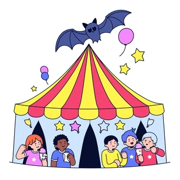 A bat with large, dark wings is flying through the air, showcasing impressive aerial acrobatics. The bat has a playful expression as it loops and twirls. Surrounding the bat is a colorful circus tent, with stripes of red and yellow. The interior of the tent is filled with whimsical decorations, including hanging stars and balloons. Below, there are cheerful spectators watching in awe, with some holding popcorn and cotton candy. The overall scene is vibrant and lively, evoking a sense of fun and excitement.