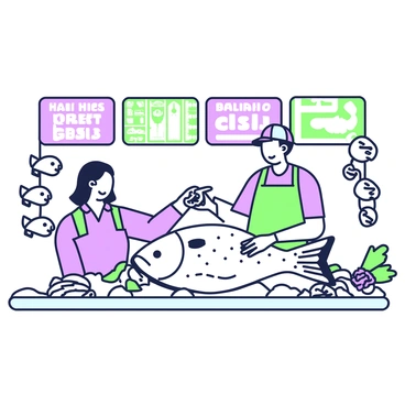 A busy seafood market stall is filled with various types of fish and seafood. In the center, a vendor stands behind a counter showcasing a large, freshly caught halibut placed on a bed of ice. The halibut has its skin glistening, reflecting the light. Surrounding the halibut, there are other seafood items like shrimp and crabs displayed on ice, creating a vibrant scene. The vendor is wearing an apron and a cap, smiling as they interact with a customer who is pointing at the halibut. The stall is decorated with green banners and purple signage that highlight the freshness of the seafood.
