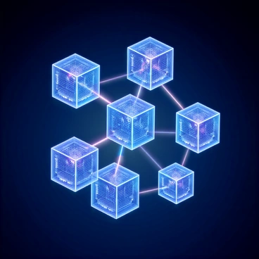 A visually complex network of interconnected blocks designed to represent data transfer in a blockchain. Each block is a three-dimensional cube with a translucent surface, revealing intricate circuitry and glowing data streams within. The blocks are connected by glowing lines that pulse with light, illustrating the flow of information between them. The arrangement of blocks is dynamic, creating a sense of movement and connectivity in the structure. The background is a deep blue, enhancing the futuristic feel of the blockchain network.