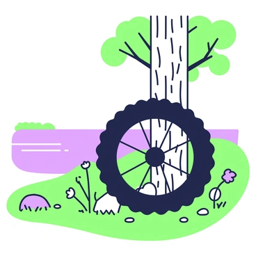 A bike tire is leaning against a tree trunk. The tree has thick bark and green leaves, with sunlight filtering through the branches. The riverbank is lined with grass and a few scattered pebbles. In the background, the river flows gently, reflecting the colors of the surroundings. A few small wildflowers are growing near the tire, adding detail to the scene. The overall composition depicts a quiet moment in nature, with elements that suggest a place for relaxation.