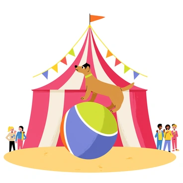A dog with brown fur and floppy ears is balancing on a large, multicolored ball. The ball features red, blue, yellow, and green sections. The setting is a vibrant circus tent with red and white stripes towering above. Bright lights hang from the tent, illuminating the scene. The ground is covered in sawdust, and there are colorful flags around the tent entrance. A small crowd of animated spectators can be seen clapping and cheering in the background.