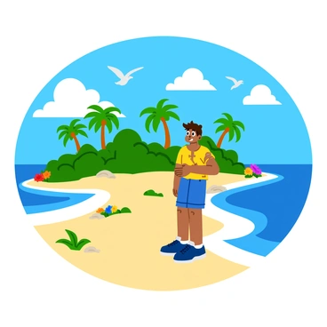 A solitary figure wearing a tattered shirt and shorts stands on a sandy beach of a deserted island. The figure has messy hair and a worried expression, glancing around with wide eyes. Lush palm trees sway gently in the background, and colorful tropical flowers dot the landscape. The ocean waves crash against the shore, and a few seagulls fly overhead, adding life to the scene. The sky is a bright blue with fluffy white clouds, creating a vivid contrast against the greenery of the island.