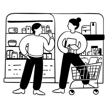 A couple standing in a grocery store aisle surrounded by vibrant shelves filled with various food items. The woman, wearing a comfortable sweater, holds a shopping list in one hand while the other hand is raised, gesturing animatedly. The man, dressed in casual attire, has a playful smirk as he leans slightly towards her, holding a box of cereal in one hand and an apple in the other. A shopping cart is positioned nearby, partially filled with colorful items. The scene captures their lighthearted interaction, with several grocery products prominently displayed on the shelves around them.