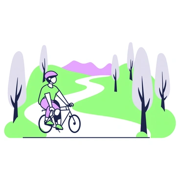 A cyclist is pedaling along a winding path surrounded by dense fog. The cyclist is wearing a helmet and bright clothing, which partially contrasts with the muted surroundings. The fog envelops the trees lining the path, making them appear as shadowy silhouettes. The bicycle has reflective elements visible, catching a hint of light. The scene emphasizes the cyclist's solitary journey, with only the faint outline of the path ahead visible through the mist. In the background, indistinct shapes suggest the presence of distant hills.