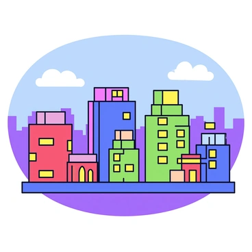 A city skyline at dusk featuring a variety of tall buildings with flat roofs. The buildings are illuminated in vivid colors such as red, blue, green, and yellow. The sky is transitioning from light blue to deep purple, with a few scattered clouds. A gentle glow radiates from the windows of the buildings, highlighting the different shapes and architectural details. The scene captures the essence of a bustling urban environment as the day turns into night.