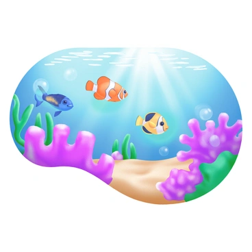 A modern pastel illustration depicting an underwater scene filled with colorful fish swimming among vibrant coral reefs. Various species of fish, including a clownfish, a angelfish, and a parrotfish, are depicted in bright hues of orange, yellow, and blue. The coral reefs are detailed with intricate textures and patterns, showcasing a mix of pink, purple, and green corals. Sunlight filters through the water's surface, creating shimmering light patterns on the sandy ocean floor. Small bubbles rise from the fish as they navigate through the lively underwater environment.