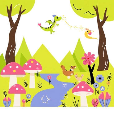 A whimsical forest filled with unique plants and creatures. The forest floor is adorned with oversized mushrooms in bright colors, some with polka dots and others with stripes. Various fantastical flowers with unusual shapes, including spirals and stars, bloom throughout the scene. Squirrels with fluffy tails and vibrant colors scamper among the trees, while a friendly dragon with shimmering scales flies overhead, leaving a trail of sparkles. In the background, tall trees with twisted trunks and large, leafy canopies create a vibrant atmosphere. A small stream flows gently, reflecting the colorful flora surrounding it.