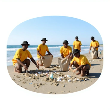 A group of diverse volunteers is actively engaged in a beach cleanup event. They are wearing bright-colored t-shirts and hats to shield themselves from the sun. Some volunteers are kneeling on the sandy beach, carefully scraping debris into large, eco-friendly bags. Others are standing and collecting litter scattered along the shoreline. The bags are filled with various types of waste, including plastics and wrappers. In the background, the ocean waves gently lap against the shore, and a clear blue sky stretches overhead. The volunteers display a sense of teamwork and determination as they work together to restore the beach.