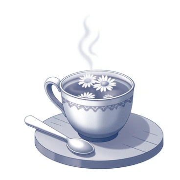 A cup filled with steaming herbal tea placed on a wooden table. The tea has edelweiss flowers delicately floating on the surface. The cup features a curved handle and intricate patterns around its body. The steam rises gracefully from the cup, creating a wispy appearance in the air above. A small spoon rests beside the cup, and the table has a rustic texture, adding warmth to the scene.