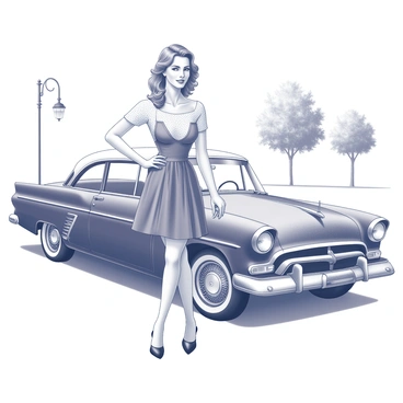 A woman stands confidently next to a classic car parked on a street. She wears a 1950s vintage dress characterized by its fitted bodice and flared skirt. The dress features a wide neckline and is adorned with polka dots. Her hair is styled in soft waves, giving her a quintessential retro look. The classic car has a sleek body with chrome accents and distinctive tail fins, epitomizing the automotive design of the era. The background hints at a quaint neighborhood, with trees lining the street and a few period-style lampposts.