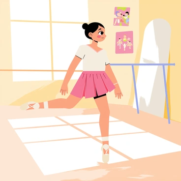 A young girl wearing a pink tutu and ballet shoes is practicing ballet in a sunlit room. She has her hair styled in a neat bun, and she is standing on one leg, gracefully extending her other leg behind her. The room has large windows allowing bright sunlight to flood in, casting soft shadows on the wooden floor. In the background, there is a mirror reflecting her form and a barre along the wall. A few colorful ballet posters decorate the walls, adding to the atmosphere of the studio.