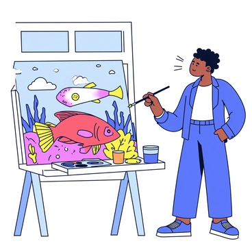 An artist is standing in a bright studio, focused on a vibrant canvas depicting a grouper. The grouper is shown in rich colors, surrounded by a detailed undersea landscape featuring colorful corals and marine plants. The artist holds a paintbrush, with splashes of paint on the palette beside them. Sunlight streams in through a window, illuminating the scene and highlighting the textures of the studio.