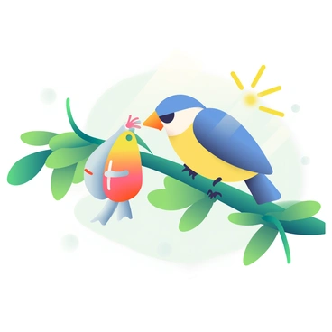 A small, curious bird with vibrant blue and yellow feathers is perched on a green tree branch. The bird is leaning forward, inspecting a brightly colored fishing lure, which is shiny and glistening in the light. The lure features a mix of red, yellow, and silver reflective elements, catching the bird's attention. Surrounding the branch are lush green leaves, with a few scattered sunlight rays filtering through, creating a lively atmosphere. The background is softly blurred, emphasizing the bird and the lure in the foreground.