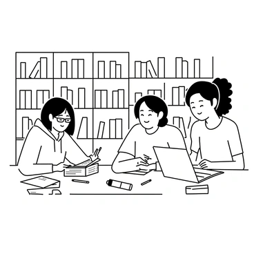 A group of three friends is sitting around a large wooden library table, engaged in studying. One friend, wearing glasses and a hoodie, is flipping through the pages of a thick textbook. Another friend, with curly hair tied back, is taking notes on a notepad, her pen in hand. The third friend, wearing a casual t-shirt, is looking at a laptop screen, with a focused expression. Shelves filled with books surround them, creating a cozy study atmosphere. A few open books are scattered across the table, alongside a pencil case and a coffee cup.