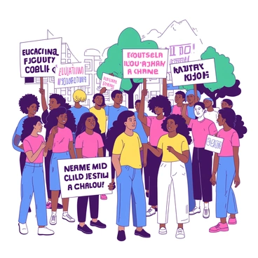 A group of individuals stands together at a peaceful protest. They are holding various signs that read "Educational Equality" and "Every Child Deserves a Chance," among others. The people in the crowd come from diverse backgrounds, showcasing a variety of ages and ethnicities. The atmosphere is filled with determined expressions, and some participants are wearing matching t-shirts in a vibrant color. In the background, there are trees and buildings, contributing to a community setting. Several people are seen engaging in conversation, while others are raising their signs high in the air to draw attention to their cause.