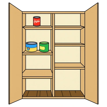 A wooden pantry with light-colored shelves. The shelves are filled with only a few items, including brightly colored cans and boxes. There is a red can with white lettering, a blue box with a yellow label, and a green canister. Some shelves are completely empty, while others have just one or two items. The pantry walls are painted in a soft cream color, and the floor is made of dark wooden planks. The lighting creates subtle shadows around the sparse contents.