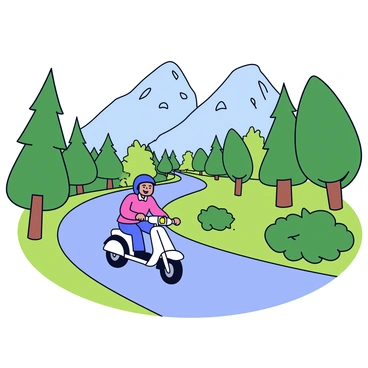 A rider on a moped speeding up a winding mountain road surrounded by lush greenery