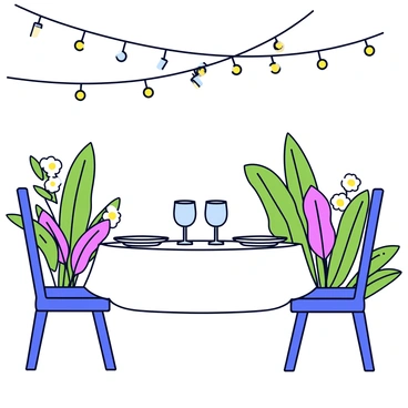 A dining table set for two in a garden restaurant. The table is elegantly covered with a white tablecloth and has two neatly arranged place settings, each with a plate, a fork, a knife, and a wine glass. Surrounding the table are lush green plants and colorful flowers that add a vibrant touch. Overhead, string lights are draped gracefully, casting a warm glow around the setting. The scene is enhanced by a gentle evening ambiance with a soft breeze rustling the leaves.