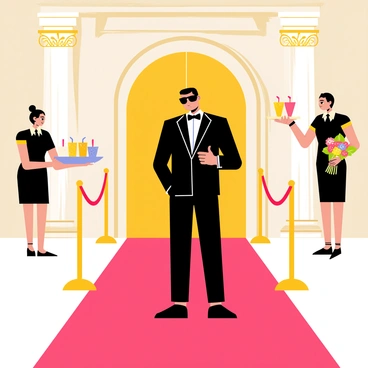 A VIP customer is standing on a luxurious red carpet that stretches across a grand entrance. The customer is dressed in an elegant black suit and is wearing stylish sunglasses. On either side of the red carpet, there are two well-dressed attendants, one holding a silver tray with sparkling beverages and the other presenting a bouquet of colorful flowers. Gold stanchions with ropes line the edges of the carpet, adding to the high-class atmosphere. The background features a lavish building entrance adorned with golden accents and decorative lighting.