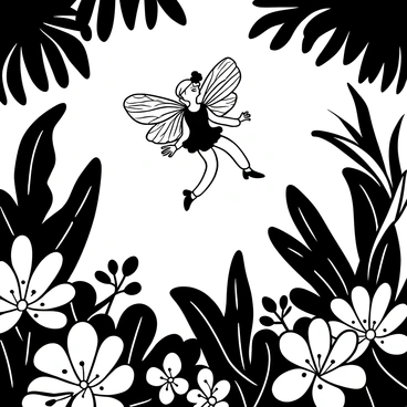 A fairy with wings that resemble "tropical bird feathers" is hovering above a vibrant array of "lush green foliage" in a rainforest. The fairy's delicate features are framed by "long, flowing hair" that blends harmoniously with the surrounding nature. Surrounding her are "exotic plants" with intricate leaves and clusters of "tropical flowers" in various shapes. Sunlight filters through the dense canopy above, creating dappled patterns on the forest floor, accentuating the fairy's presence amidst this rich environment.
