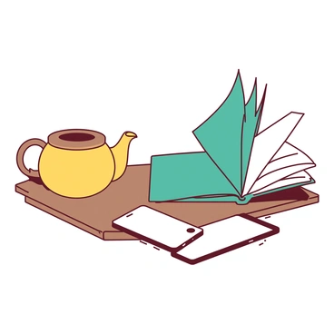 A series of everyday objects, including a yellow mug, a teal book, and a white smartphone, are positioned on a wooden table. The mug is gradually morphing into a teapot, its handle elongating and spout emerging. The book's edges are curling upwards, transitioning into the shape of an open laptop, with pages resembling a keyboard. The smartphone is stretching and bending, transforming into a small rectangular tablet. Each object displays a smooth transition, creating a dynamic visual effect of transformation.