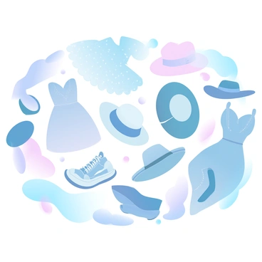 A collection of various fashion elements is displayed artistically. There are several pairs of shoes in different styles, including high heels and sneakers, arranged in a visually appealing manner. Various hats, such as wide-brimmed sun hats and stylish caps, are placed next to the shoes, showcasing diversity in fashion accessories. Several dresses of assorted colors and patterns are draped elegantly in the background, creating a vibrant atmosphere. Each element stands out with distinct textures and details, contributing to the overall collage.