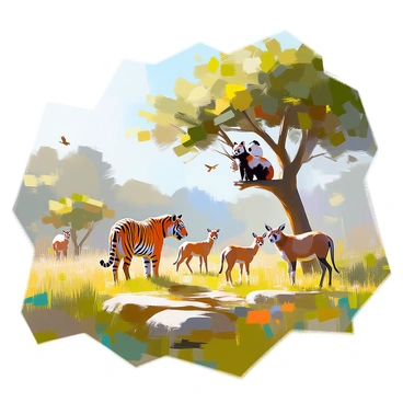 A wildlife sanctuary is depicted, showcasing a lush green landscape with a variety of trees and plants. In this protected area, there are several endangered animals roaming freely. A majestic tiger with vivid orange and black stripes is walking gracefully through the grass. Nearby, a herd of gentle gazelles grazes peacefully, their slender bodies poised and alert. In the distance, a pair of playful red pandas are climbing a tree, their fluffy tails curling around the branches. Birds can be seen flying overhead, adding life to the vibrant ecosystem. The sanctuary is surrounded by a natural fence of tall shrubs, emphasizing its role as a safe haven for these precious species.