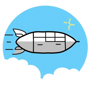 A solar-powered airship, featuring a sleek, elongated body with panels designed to capture sunlight, is gliding smoothly through a bright, clear sky. The airship has a gentle curve at the top and is painted in soft white and silver tones. Beneath it, fluffy white clouds float lazily, contrasting with the vivid blue of the sky. The sunlight reflects off the airship's surface, creating a subtle sheen.